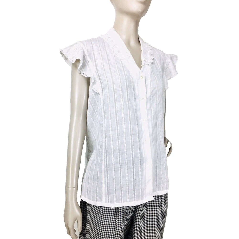 80s Vintage Shapely White Flutter Sleeve Eyelet Trim Embroidered Blouse